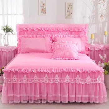 1 Pedaço de Renda Cama de Saia +2pieces Fronhas conjunto de cama de Princesa Colchas de Cama de folha de Cama Para a Menina Tampa de cama King/Queen-size