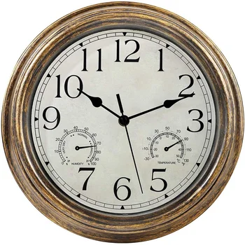 12inch Relógio de Parede,Retro Impermeável Relógio Exibe Termômetro&Higrômetro,Livre de Ruído Relógio para interno/Exterior