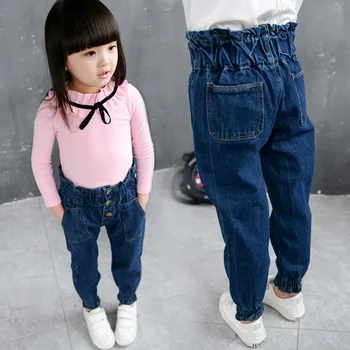 2016 Moda Leggings De Cintura Alta Jeans De Meninas Cintura Elástica Botão Azul Bebê Casual Calças De Harém De Crianças De Jeans, Calças