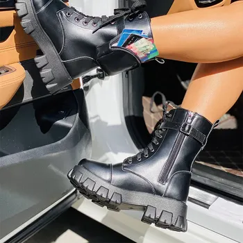 2021 Mulheres Ankle Boots Com Bolso De Espessura Com Sola De Couro Botas De Lazer Andando Execução Fivela Fêmea Do Lado Do Zíper Por Grosso De Calçado