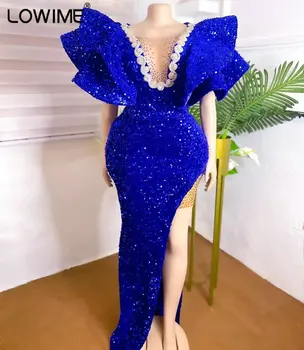 2022 Azul Royal Plus Size Sereia Lantejoulas Vestidos De Noite Brilhante Negro Da África Meninas De Vestido De Festa Sexy Árabe Formal Vestidos De Baile