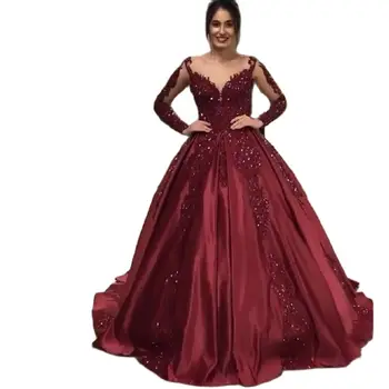 2022 Borgonha Laço de Baile, Vestidos Com Mangas Completo mezuniyet elbiseleriBall Vestidos Arábia árabe Vestidos de Baile Vestido Formatura