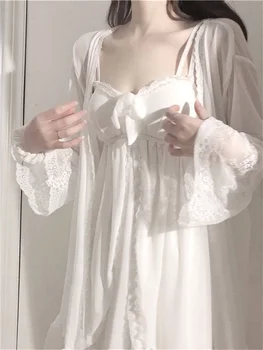 2022 Coreano Pijamas Mulheres Sexy Vestido Branco Vestido De Fada Definir Mulher 2 Peças Camisola Princesa De Renda Camisola Peignoirs Albornoces
