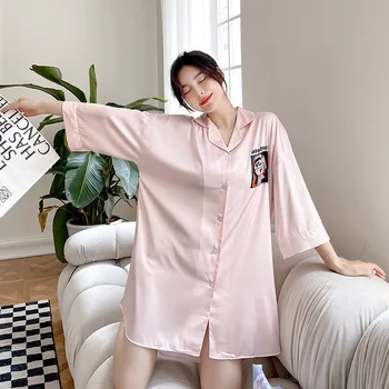 2022 Nova Camisola Rayon Casa De Vestir Vestido De Lapela Nightdress Do Verão As Mulheres Pijamas De Impressão Homewear Sexy Curto Íntima E Lingerie