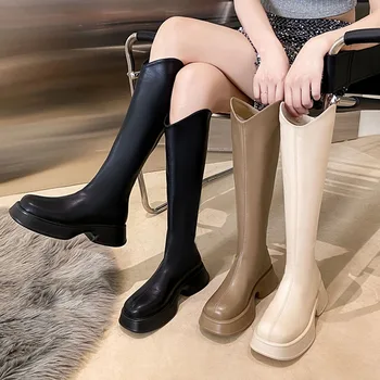2022 Nova De Outono, Moda De Inverno Zíperes Senhoras Joelho Alto Botas Femininas Cunhas De Sapatos De Pés Quadrados Chelsea Moderno Botas Para Mulheres