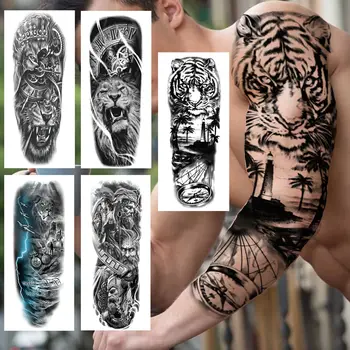 3D Tiger Forest Bússola Braço Completo Etiqueta da Tatuagem Para Homens Mulheres Adultos Leão Guerreiro Tatuagem Temporária Mangas Impermeável Tatoos Grande