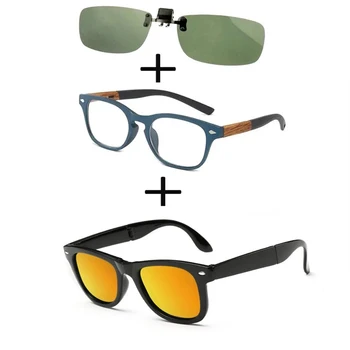 3Pcs!!! Confortável de Madeira Quadrado Armação de Óculos de grau para Homens Mulheres + Óculos de sol Polarizados Dobrável + Óculos de sol Clip