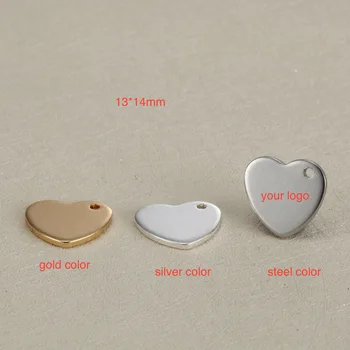 50pcs/lote 13*14mm em Branco Tag Coração de Aço Inoxidável Encantos Personalizado Gravar o seu próprio logotipo em pequena quantidade DIY feito à mão