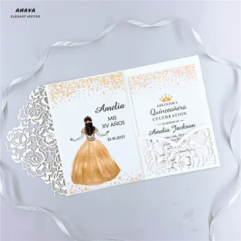 50pcs Quinceanera Cor de Marfim de Corte a Laser Floral Cartões de Convite para Casamento / Festa / Aniversário / Aniversário frete grátis