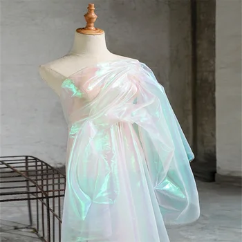50X150cmDesigner tecido laser cor mágica de Organza vestido colorido de casamento de malha de gradiente de perspectiva tecido