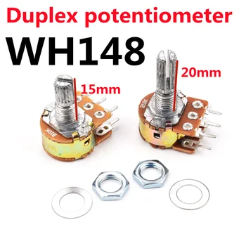 5pcs WH148 Duplex Potenciômetro B 1K 2K 5K 10K 20K 50K 100K 500K 1M 15/20mm 6Pin Eixo Amplificador Dual Estéreo Potenciômetro