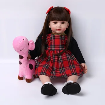 60CM Renascer Boneca Rosa Xadrez Saia Bonito Castanho Rapunzel Boneca Princesa desenho animado de Bebê para Crianças, Presentes de Dia Com Girafa Brinquedo