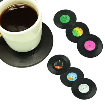 6pcs/conjunto de disco de Vinil Montanha-russa de Mesa Placemat CD Bebidas Tapetes de Mesa de Decoração de Casa de Bebidas Montanha-russa Acessórios de Cozinha