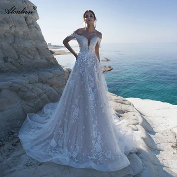Alonlivn Chique Praia do Vestido de Casamento Querida Off Ombro Beading 3D Apliques Com Borlas Vestidos de Noiva
