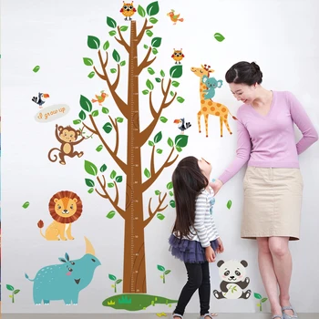 Animais dos desenhos animados de Design Adesivo de Parede Árvore com Altura de Medição da Placa DIY papel de Parede Para o jardim-de-Infância Melhor Quarto de Crianças, Enfeites de Parede