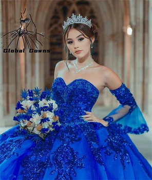 Azul Royal Querida Ball Gown Vestido Quinceanera Com Lantejoulas Festa De Aniversário De Vestidos Com Manga De Vestido De 15 Anos Robe De Bal