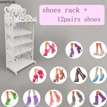 Boneca Sapatos Rack + 12 Pares De Sapatos Da Moda Para A Boneca Barbie Móveis De Brinquedo, Acessórios, Botas De Salto Alto Sandálias Sapatos Bonecas Conjunto