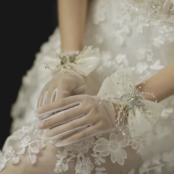Branco de Noiva, Luvas de Noiva, Luvas de Pérolas Acessórios do Casamento Tule Luvas para Noivas cinco Dedos Pulso de mulher