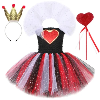 Brilho Vermelho Rainha Dos Corações de Meninas Brilhante Halloween Tutu, Vestido de Trajes Para Crianças Menina Diabo Bruxa Roupa Com Coroa Varinha 14Y