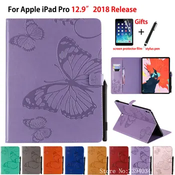 Caso Para o iPad Pro 12.9 2018 Tampa Funda Tablet Para iPad Pro 12.9 A1876 A2014 A1895 A1983 borboleta em Relevo Padrão de +Filme+Caneta