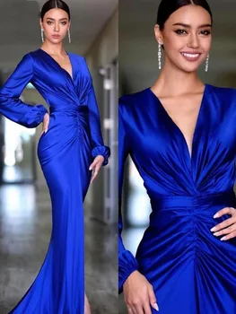 Cetim Elegante Azul Royal Vestidos de festa Luxo Longo 2022 árabe Celebridade Vestido de Baile Para as Mulheres do Partido Robe De Soirée Vestido ドレス