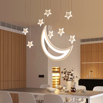 Criativo LED Lua Estrelas Lustre Luminária Moderna Bar Quarto, Sala de Jantar a Luz de Loft Café Restaurante do Hotel Hanging Lamp