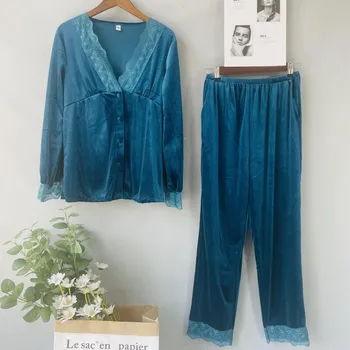 Duas Peças Shirt&Calças Para Mulheres Pijama Conjunto Sala De Vestir Veludo De Pijamas Em Casa Laço Da Roupa De Retalhos Pijamas, Pijamas, Lingerie