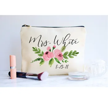 Equipe de Noiva floral Make up Bag personalizar o nome de produtos de Higiene pessoal, Sacos de Armazenamento de Cosméticos Bolsa Chritmas dom de Dama de honra de Maquiagem Organizador de Bolsa
