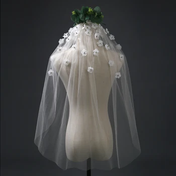 Feito à mão Simples e Curto, Branco Marfim Véu de Noiva Com Flores de Um Longa de camada de Véu de Noiva Cabeça e Véu de Noiva Acessórios Venda Quente