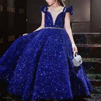 Glitter, Paetês azul Royal Flor Menina Vestidos sem Mangas Princesa Pequena Festa de Aniversário Concurso Vestido de Primeira Comunhão Pagean