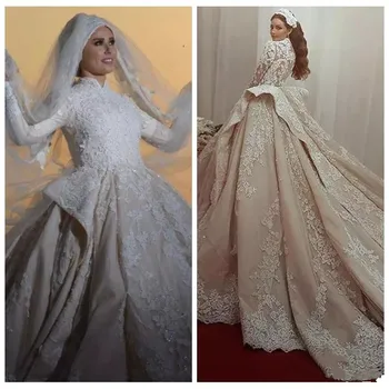 Gola Alta Muçulmano Da Arábia Saudita Vestidos De Noiva Vestidos De Noiva Personalizados Feitos Apliques De Renda Com Mangas Longas Capela Vestidos De Mariage