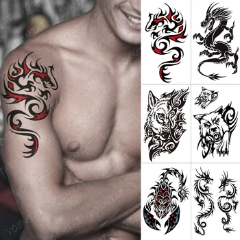 Impermeável Da Etiqueta Temporária Tatuagem Dragão De Fogo Flash Tatuagens Lobo Escorpião Arte No Corpo, Braço De Transferência De Água Falsa Tatoo Mulheres Homens