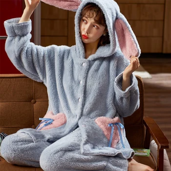 Kawaii Mulheres 2 Pcs Pijamas de Inverno com Capuz de Lã Senhoras Pijamas Único Breasted Sólido Doce Pijama Terno Feminino 2022