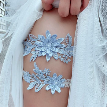 Lace Sexy Liga Elástica Coxa Anel Branco Bordado Floral de Noiva Perna Anel de Laço Azul do Céu Lingerie para o Casamento Acessórios
