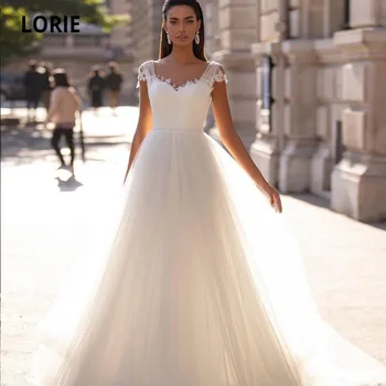 LORIE Elegantes Vestidos de Noiva Apliques de Renda A Linha de Tulle sem encosto Branco Marfim Boho Simples Vestido de Noiva 2021 vestidos de noiva
