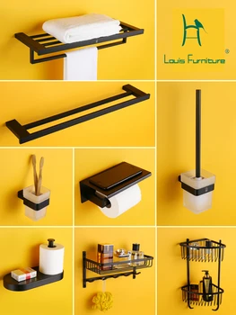 Louis Moda Conjuntos de Mobiliário de casa de Banho em Preto fosco toalha da pole, papel, wc, máquina de lavar, saboneteira, cabide banheiro