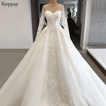 Luxuoso Vestido de Noiva De 2022, Uma linha Pura de Manga Longa Dubai árabe Laço Branco Cristal Elegante Frisado Vestido de Casamento Nupcial