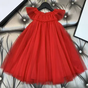 Menina do bebê do verão vermelho voando luva de malha vestido de princesa crianças vintage festa de aniversário de casamento vestido