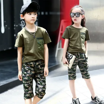 menina do terno 2020 Verão de Novo Meninos de camuflagem militar, o conjunto de treinamento para crianças de manga curta T-shirt 2pcs conjunto