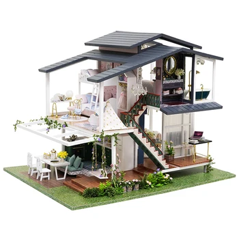Miniatura Casa de Kit de Mini 3D de Madeira, de casas de Boneca Com Móveis de Casa de bonecas Kit Para Construir Para Adultos Decoração da Casa do Artesanato Feriados