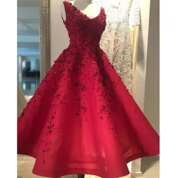 Muito Bordado Frisado Vermelho Vestidos de Noite Elegantes em 3D Flor do Laço de Vestidos de Baile de Tornozelo Comprimento Vestido de Festa Formal Abendkleider
