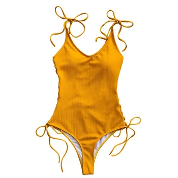 Mulheres Brancas Mulheres de Biquíni de Uma Peça de Tiras de Biquíni Sólido sem encosto Swimwear moda praia Biquíni Amarelo Neon Junior Bikini