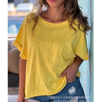 Mulheres T-shirt Superior de Verão com Cores Sólidas Soltas sem encosto Pulôver de T-shirt das Mulheres 