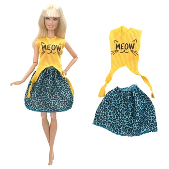 NK 1 Conjunto de Boneca de Vestido Amarelo Gato Bonito Padrão de + Moda Saia Azul Casual Vestido Acessórios para a Boneca Barbie Menina Brinquedos 4X