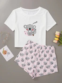 Novo Estilo As Mulheres De Verão Cartoon Koala Manga Curta T-Shirts E Grelha Shorts Do Pijama Conjunto Bonito Conforto Pijamas Casa Ternos De Roupa Interior