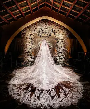 Novo Véus de Casamento Barato Frete Grátis Rendas Lantejoulas Appliqued Branco Marfim Tule Casamento Véu de Noiva 3M de comprimento de Uma Camada