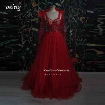 OEING Vermelho Bordado em Tule Longos Vestidos de Noite Querida Arco Ajustar as Correias Vestido de Festa de Casamento Lace Vestido de Baile Photoshoot