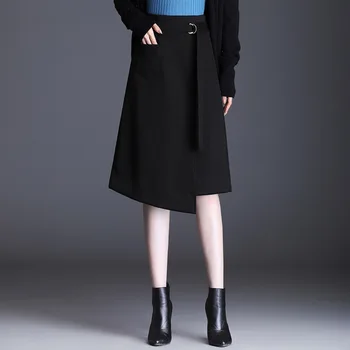 Outono Inverno Mulheres a Moda Elegante de Alta Cintura de Uma linha de Saia Senhora do Escritório Casual coreano Slim Meados de longas Saias Pretas