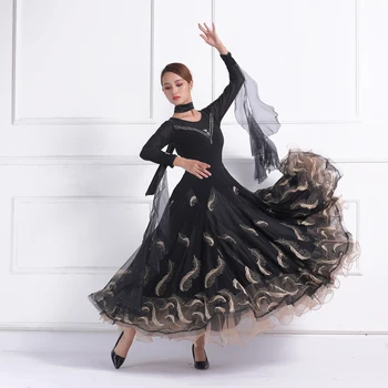 Padrão de Dança de Salão de Vestido Para as Mulheres 2023 Novo Preto Competição de Dança de Salão Traje Senhora de Dança Flamenca, Vestidos de