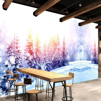 Personalizados em 3D papel de Parede, Pintura de Parede Floresta de Inverno Elk Paisagem de Neve Grande Mural, Sala de estar, Quarto, Decoração, Foto do Papel de Parede